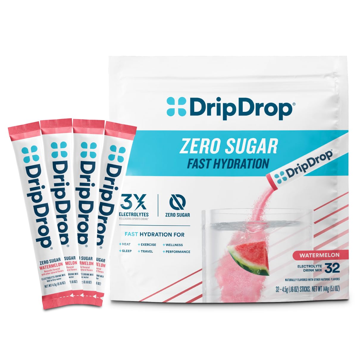 DripDrop Zero Watermelon packet front for on-the-go hydration
