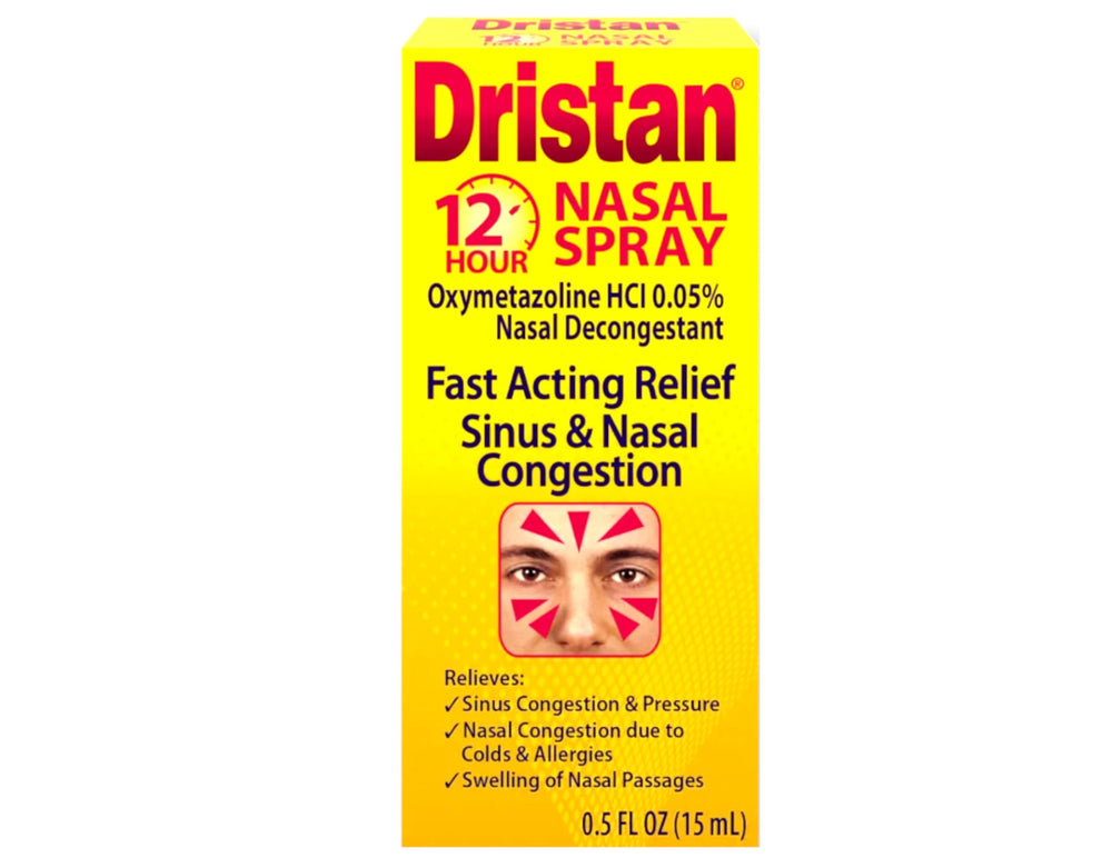 Dristan 12-Hour nasal spray bottle side angle shows compact design for travel.