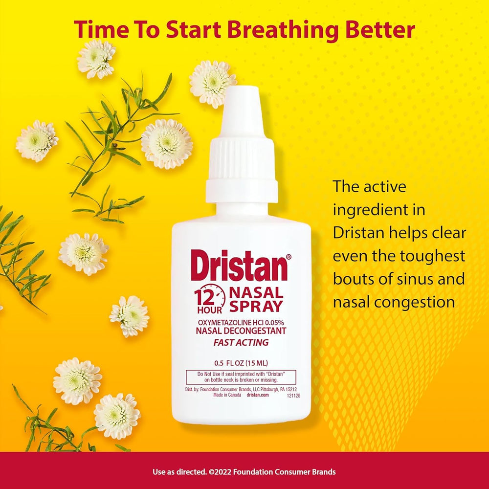 Dristan 12-Hour nasal spray carton close-up emphasizing 0.50 oz size.