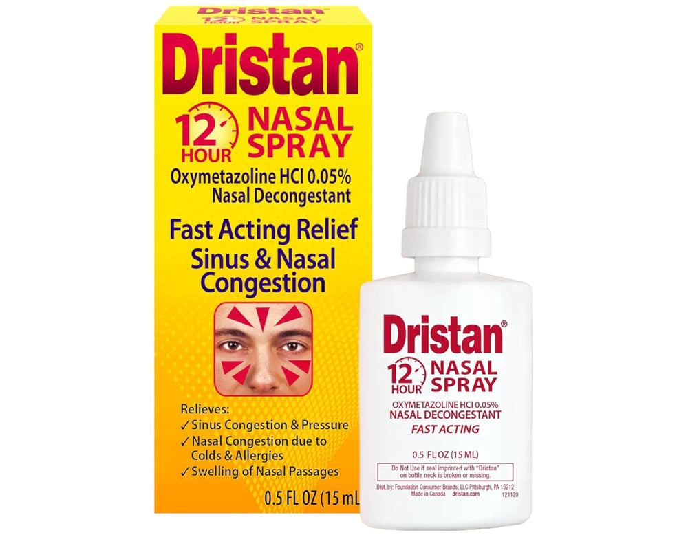 Dristan nasal spray nozzle detail highlighting precise application.