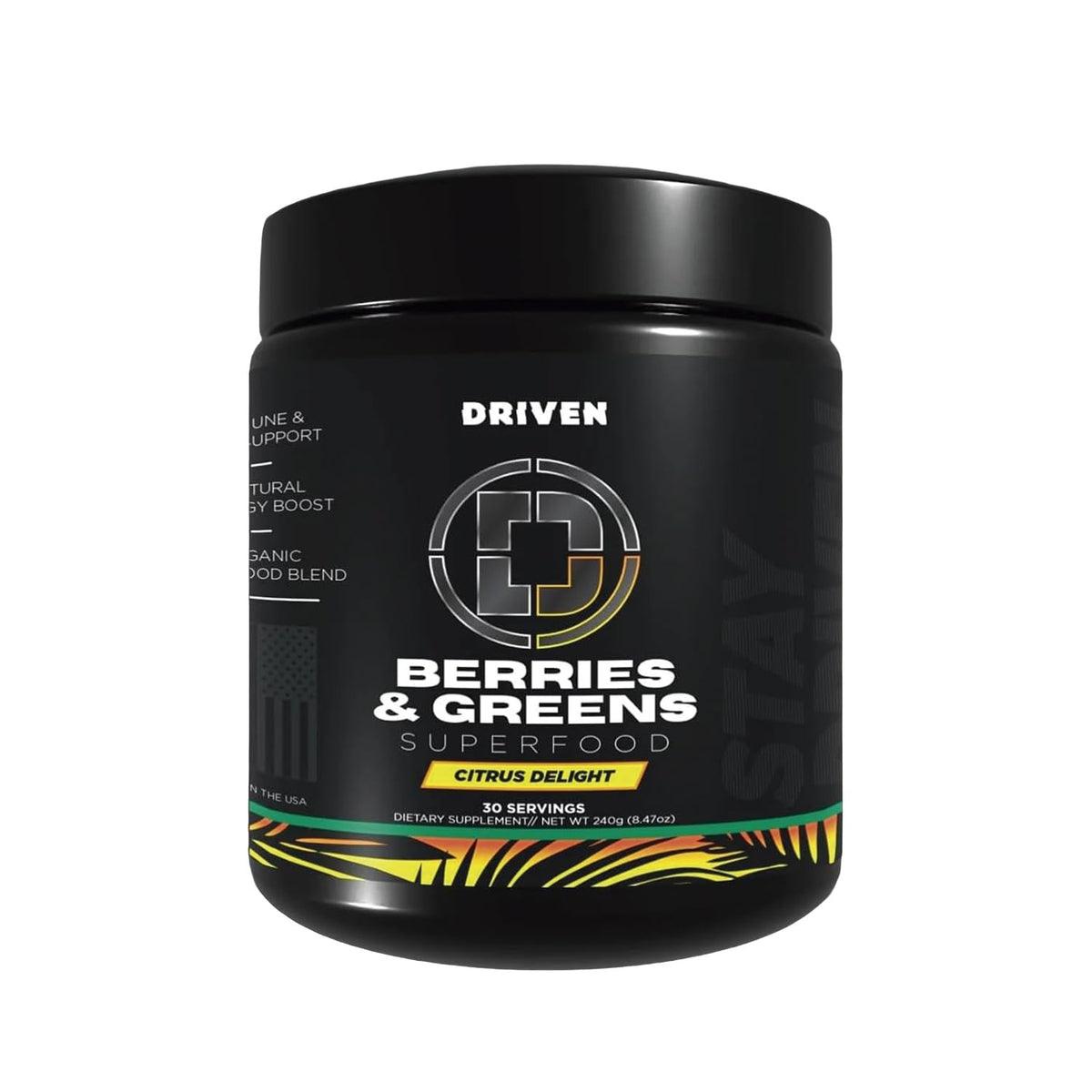 Driven B&G Berries & Greens tub with citrus flavor for daily recovery support.