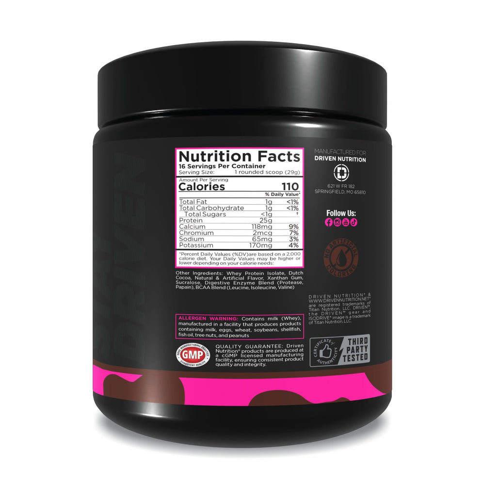 Driven Nutrition Isodrive label close-up showing ingredients and benefits
