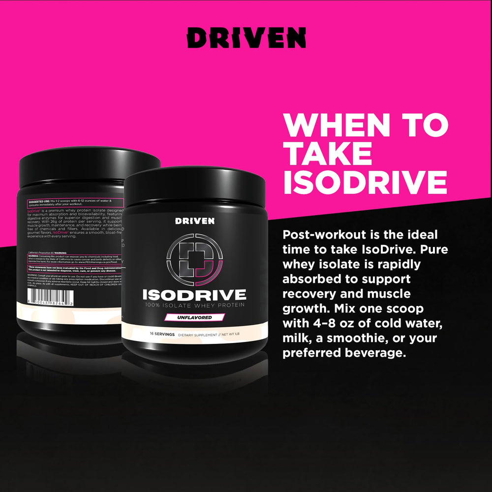 Driven Nutrition ISODRIVE label shot emphasizing enzyme-enhanced protein.