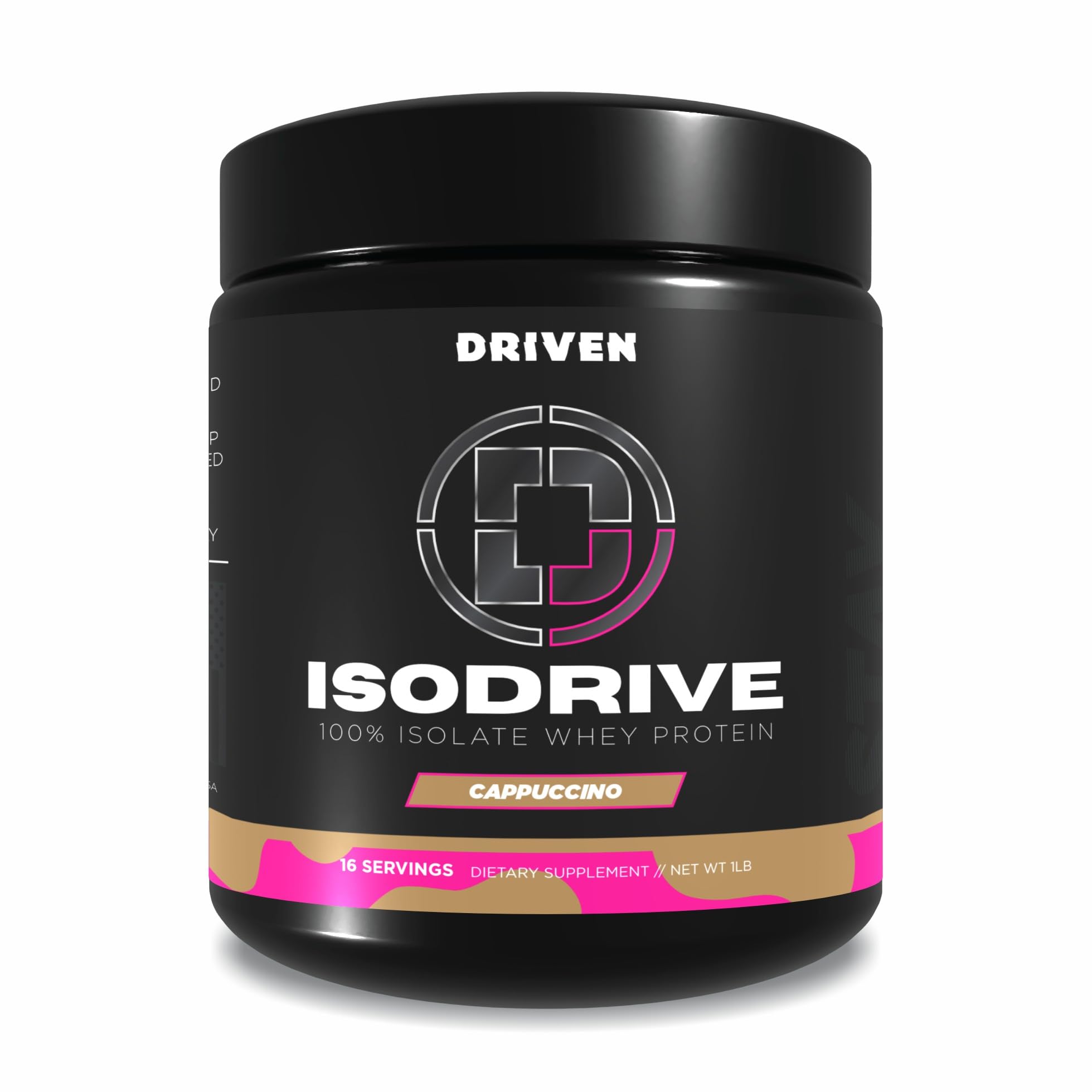 Driven Nutrition ISODRIVE Cappuccino bottle highlights fast-digesting whey for post-workout recovery.