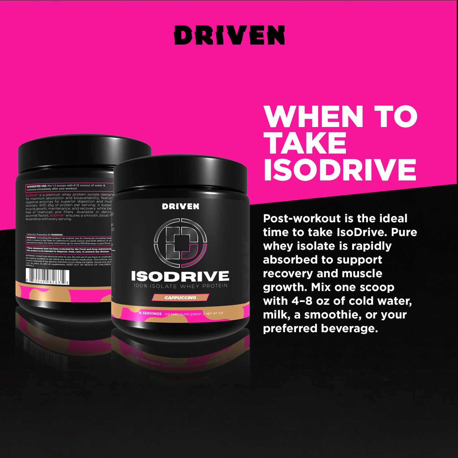 Driven Nutrition ISODRIVE Cappuccino shake in glass shows creamy texture and on-the-go fueling.