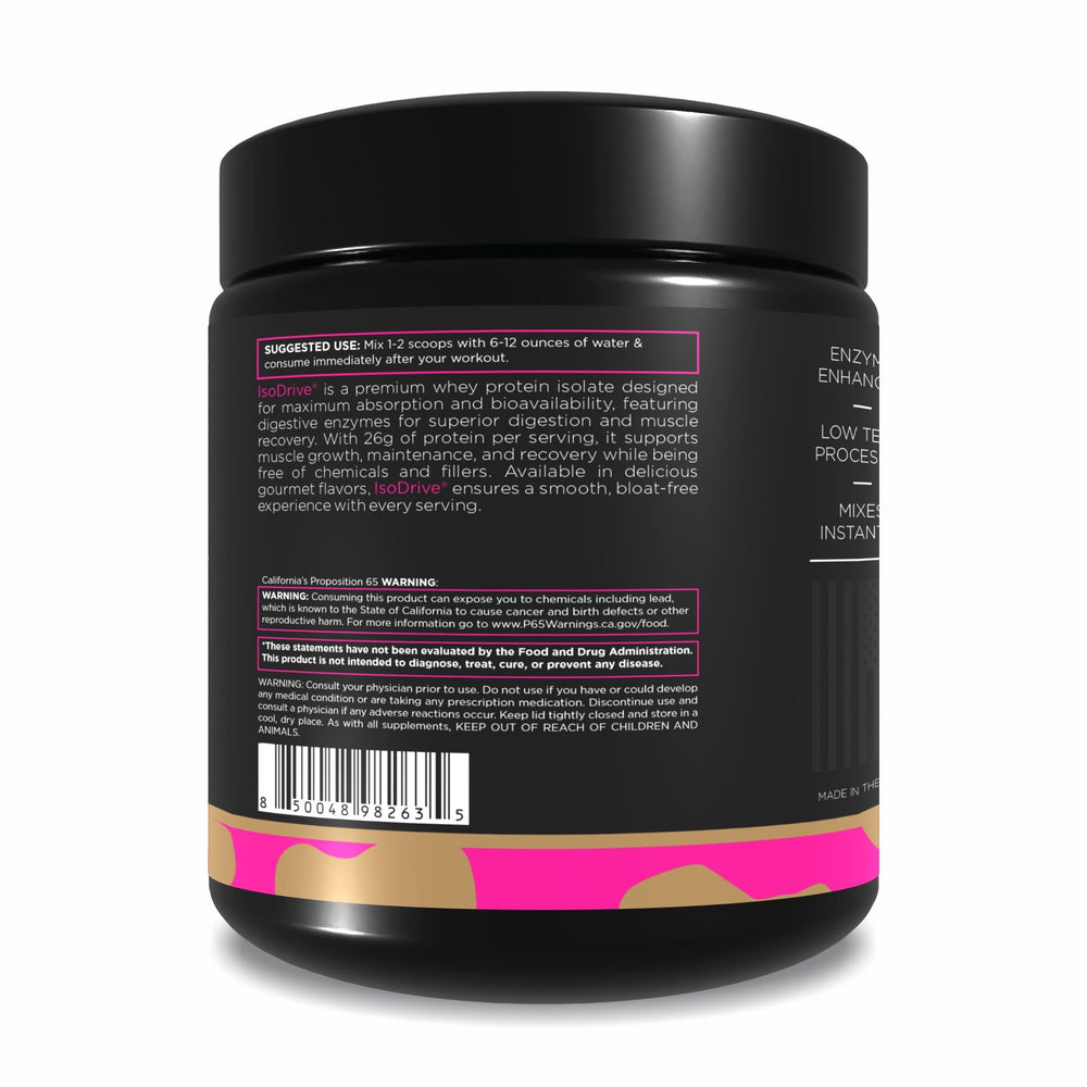 Driven Nutrition ISODRIVE ingredient panel highlights enzyme-enhanced, lactose-free protein options.
