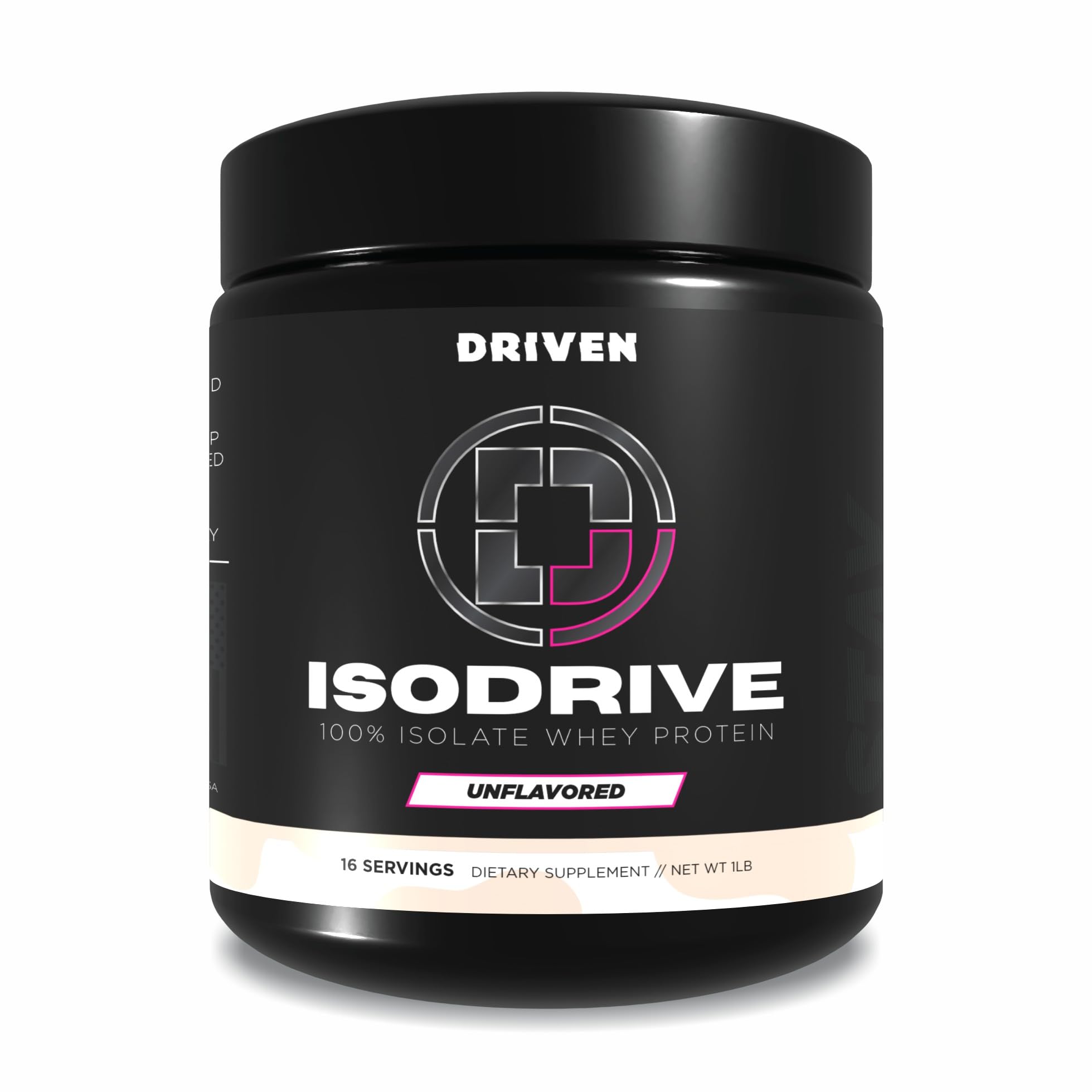 Driven Nutrition ISODRIVE bottle showing whey isolate for fast, clean protein delivery.