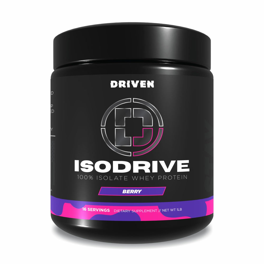 Driven Nutrition ISODRIVE Berry bottle highlights premium isolate for fast protein delivery.