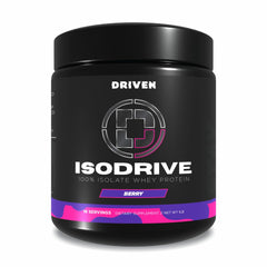Driven Nutrition ISODRIVE Berry bottle highlights premium isolate for fast protein delivery.