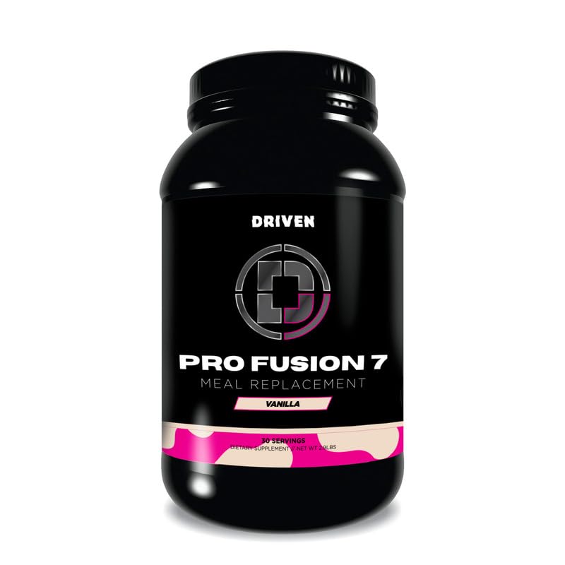Driven Nutrition ProFusion7 bottle pour showing on-the-go vanilla shake for quick nutrition