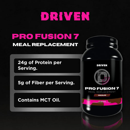 Driven Nutrition ProFusion7 shake in glass shows smooth mix and gourmet flavor.