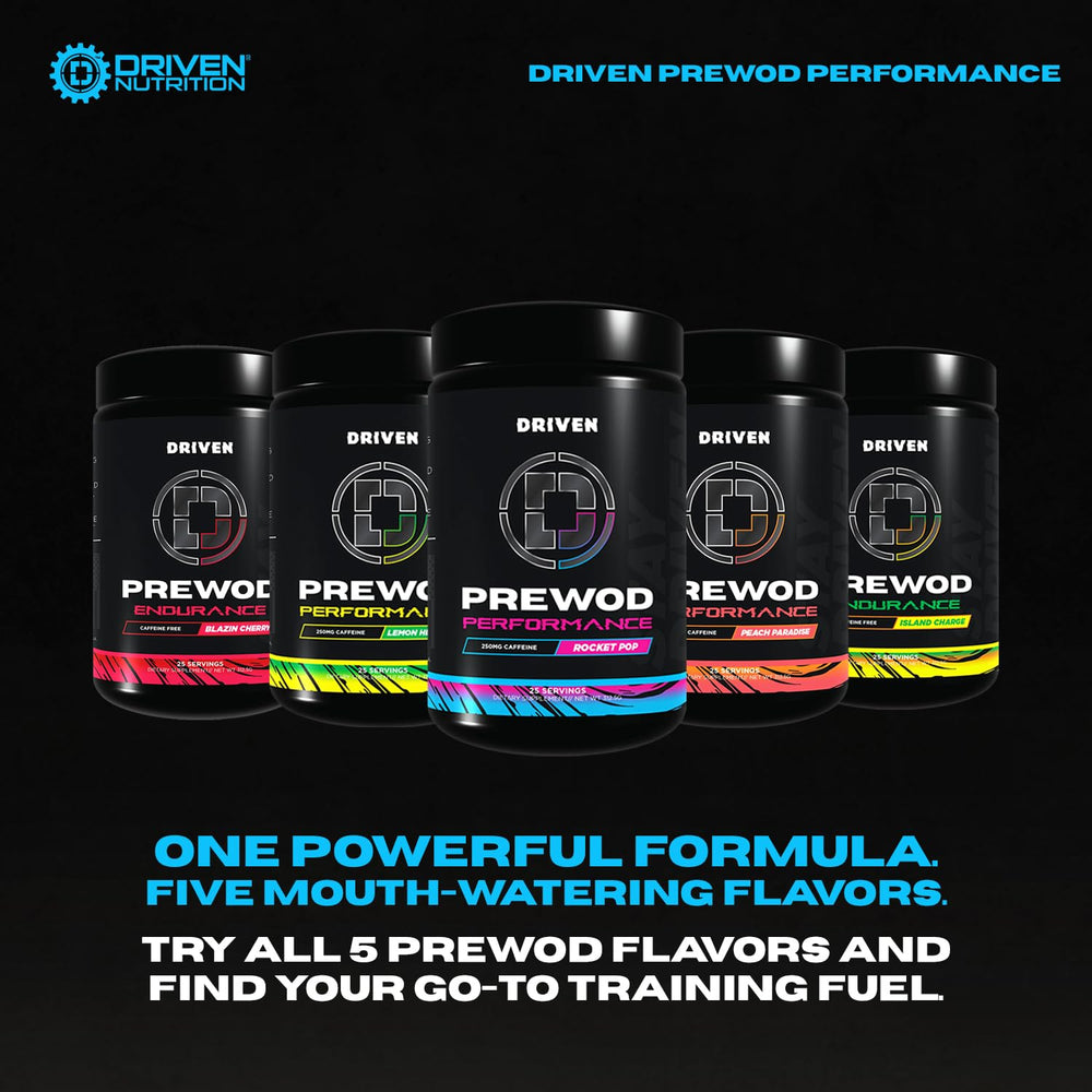 Driven Nutrition Pre WOD stimulant‑free blazin cherry promises pump and focus without caffeine.