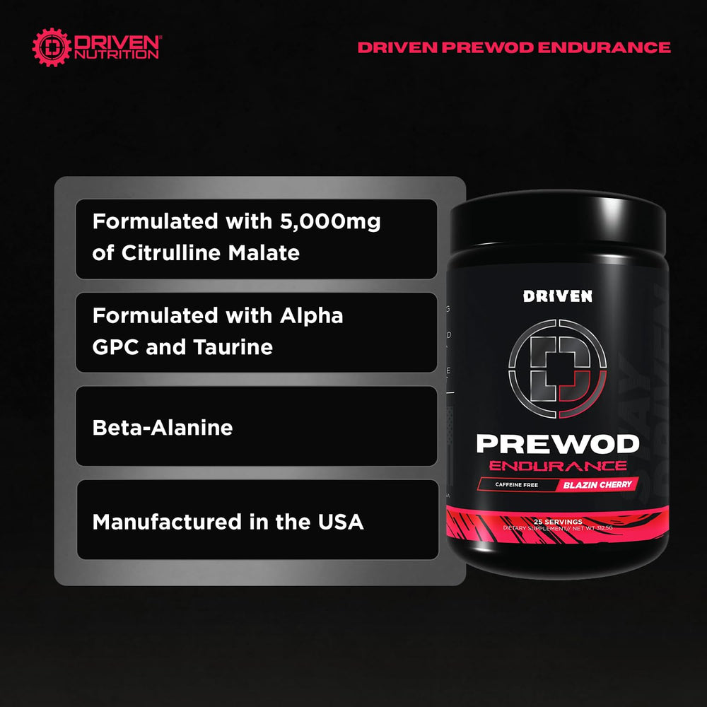 Driven PREWOD beta-alanine and citrulline matrix supports endurance and blood flow.