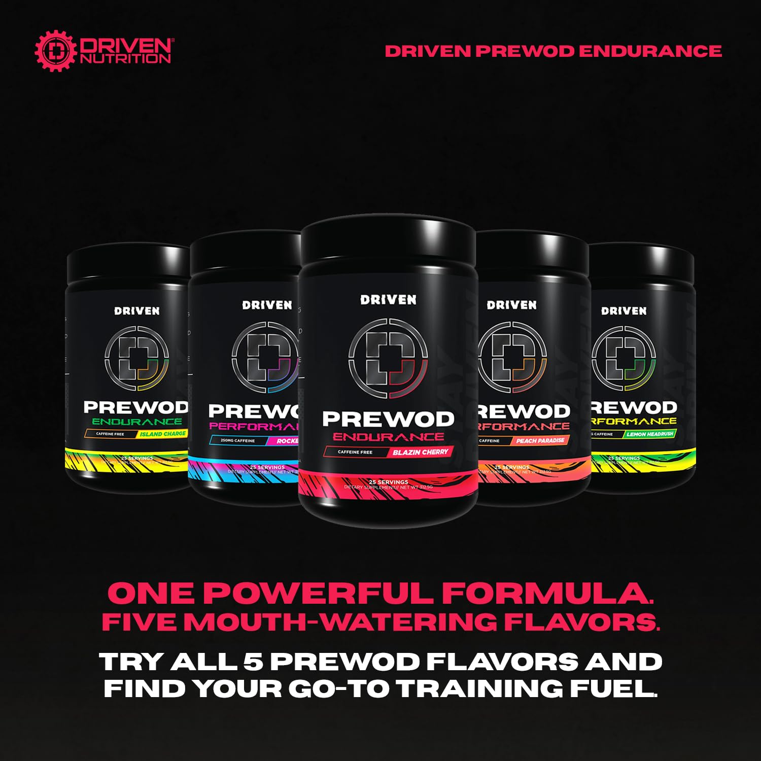 Driven PREWOD blazin cherry flavor bottle for a sugar-free pre-workout taste.