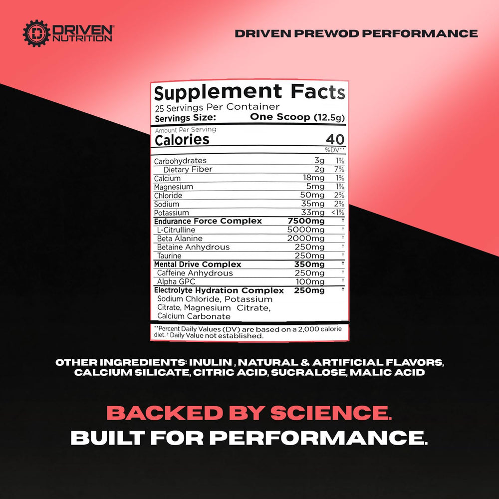 Driven Nutrition PREWOD blazing-cherry scoop enhances pump and mental focus