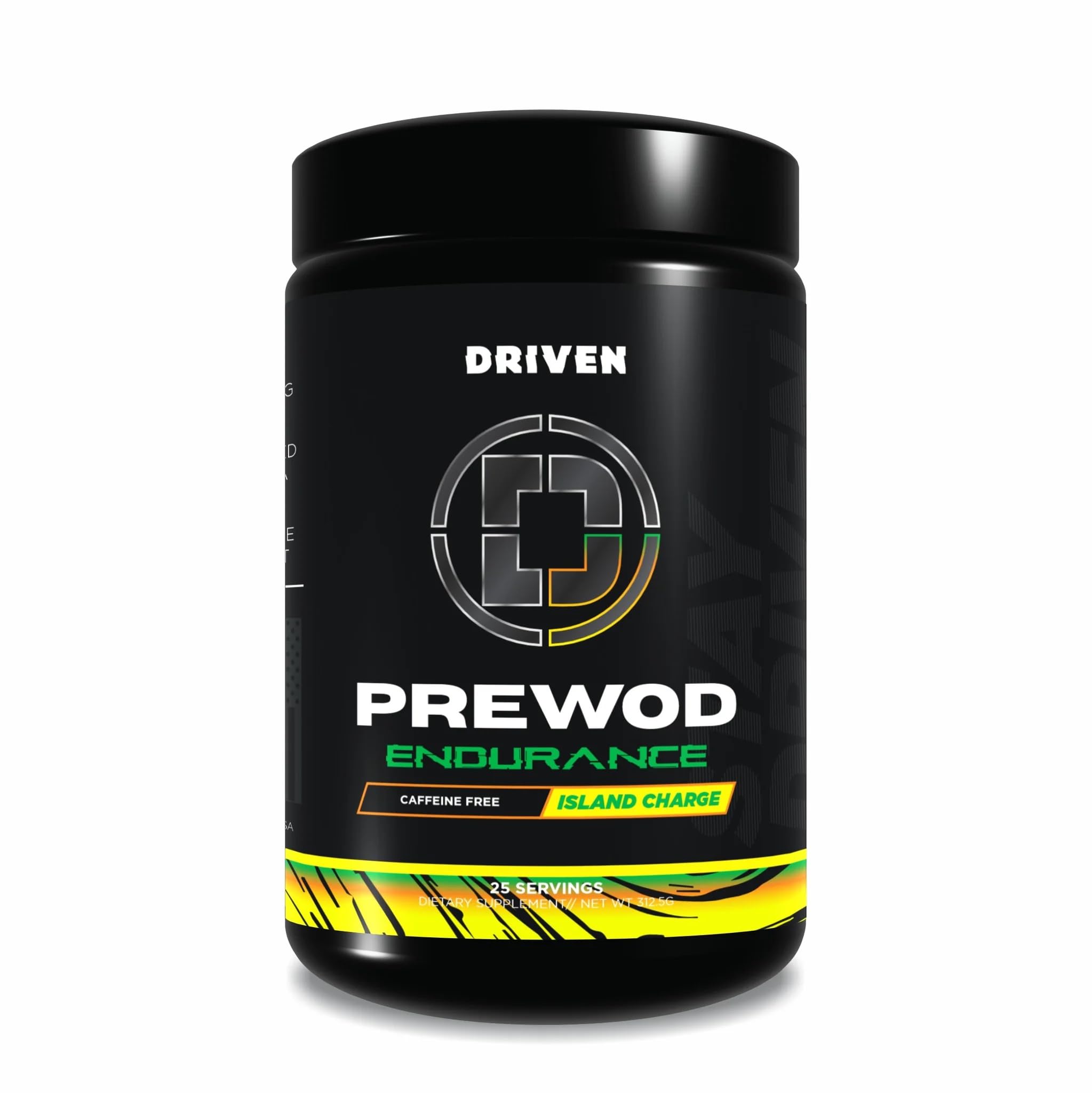 Driven PREWOD caffeine-free pre-workout bottle offers clean energy without jitters.