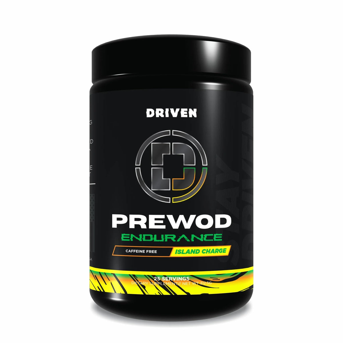 Driven PREWOD caffeine-free pre-workout bottle offers clean energy without jitters.