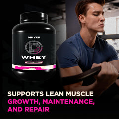 Driven Whey label highlights added BCAAs and digestive enzymes for absorption