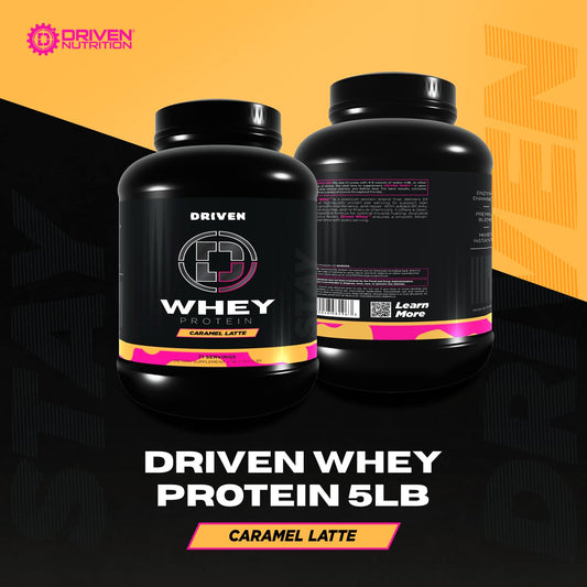 Driven Whey bottle side view highlighting packaging and protein source
