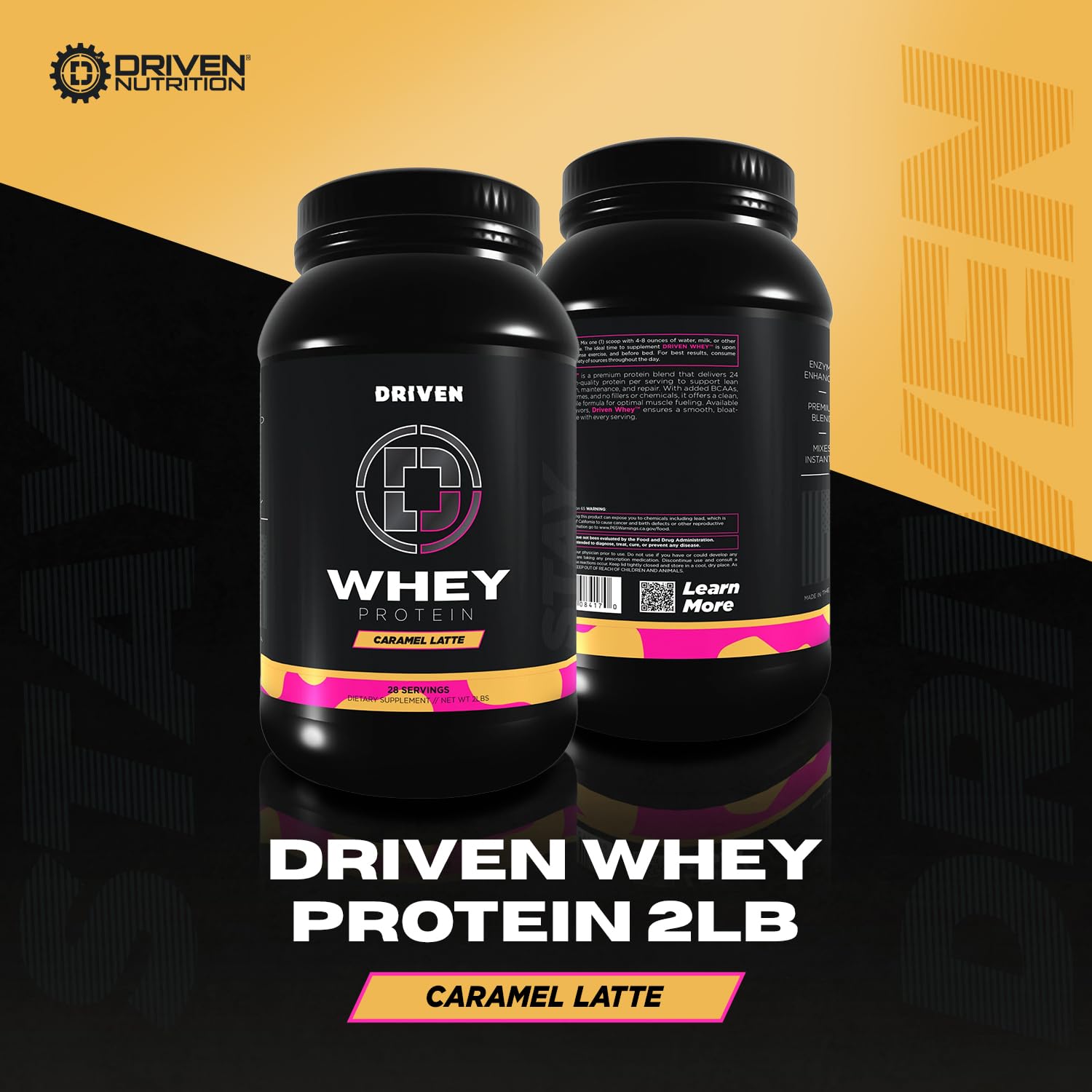 Scoop of Driven WHEY Caramel Latte beside powder for quick shakes.