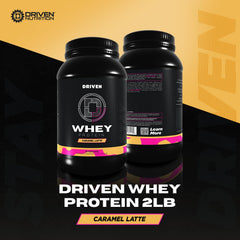 Scoop of Driven WHEY Caramel Latte beside powder for quick shakes.