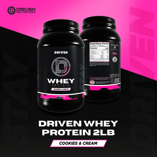 Driven WHEY Cookies & Cream bottle on the shelf for daily protein support