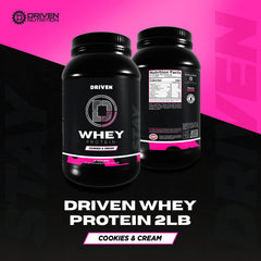 Driven WHEY Cookies & Cream bottle on the shelf for daily protein support