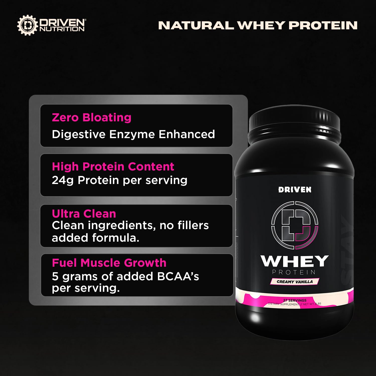 Driven WHEY cream vanilla tub label showcases digestible protein with added enzymes