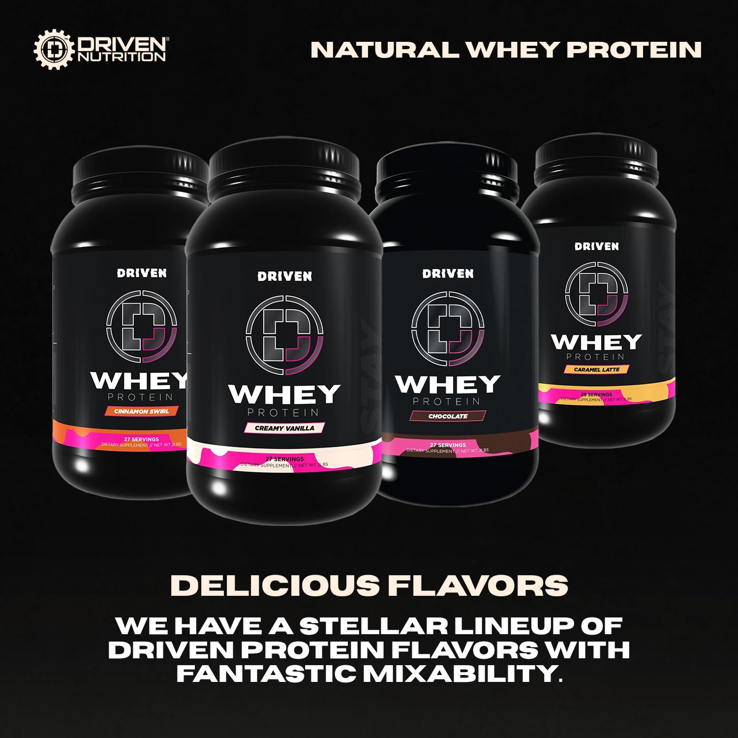 Driven WHEY digestive enzymes label close-up emphasizes improved digestion
