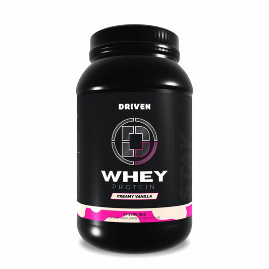 Driven WHEY grass-fed powder bottle highlighting clean protein for recovery