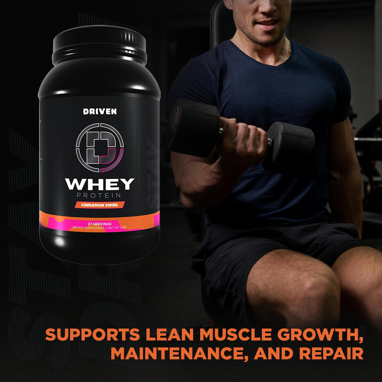 Driven WHEY Cinnamon Roll bottle graphic with BCAA and digestive enzyme icons