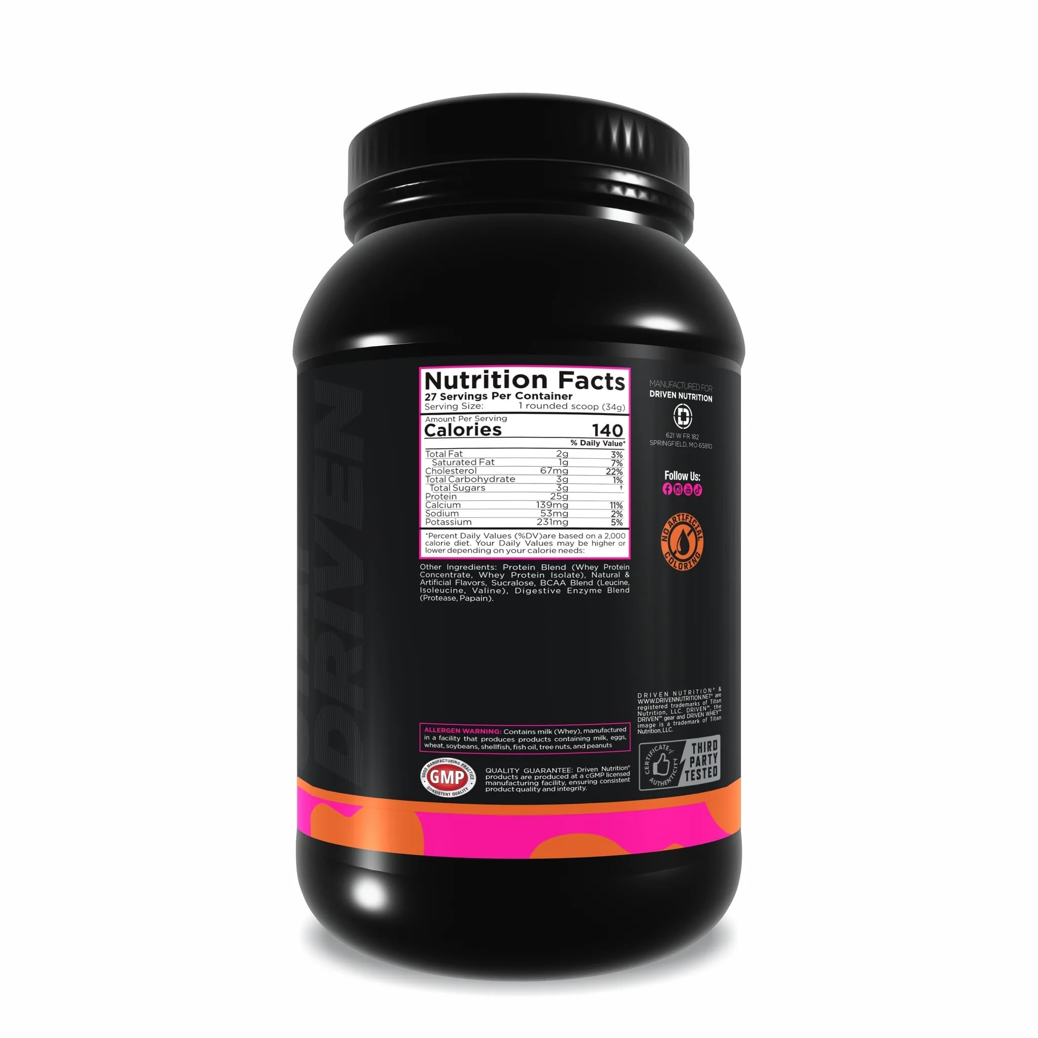 Driven WHEY Cinnamon Roll label close-up shows natural ingredients and high quality protein for lean gains