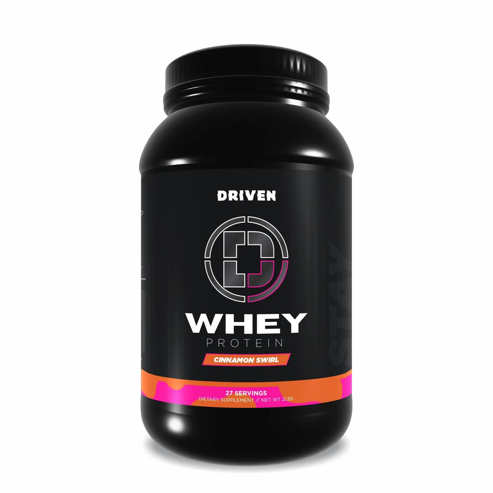 Driven WHEY Cinnamon Roll tub front label highlights grass fed protein for post-workout recovery