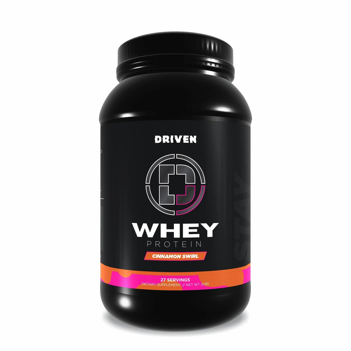 Driven WHEY Cinnamon Roll tub front label highlights grass fed protein for post-workout recovery