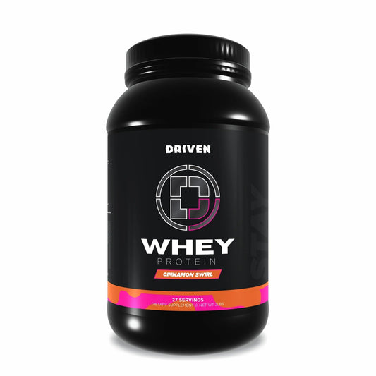 Driven WHEY Cinnamon Roll tub front label highlights grass fed protein for post-workout recovery