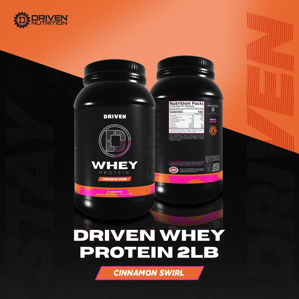 Driven WHEY Cinnamon Roll powder poured into a shaker for easy mixability