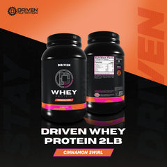 Driven WHEY Cinnamon Roll powder poured into a shaker for easy mixability