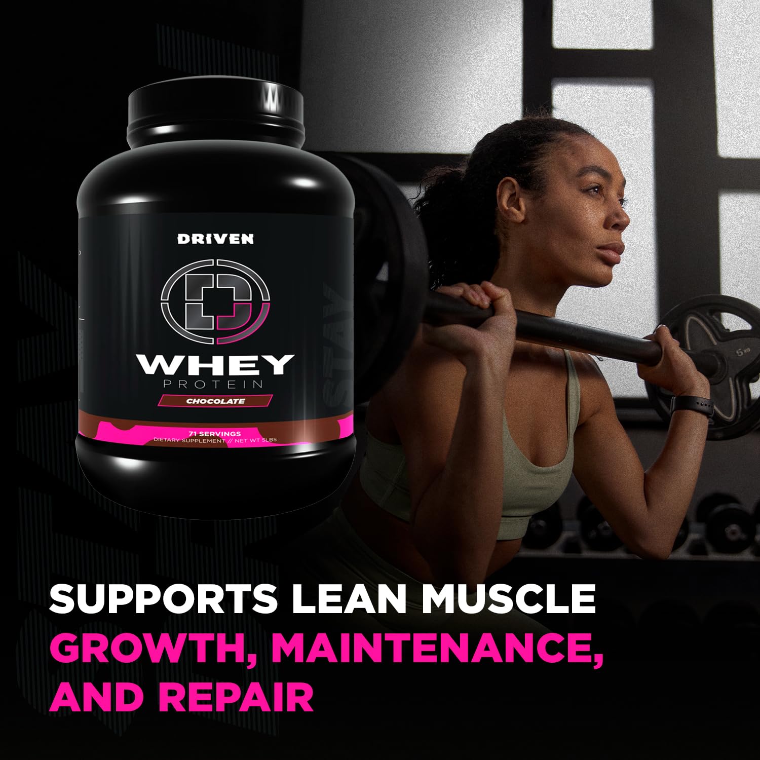 Driven WHEY ingredient panel featuring BCAAs and digestive enzymes