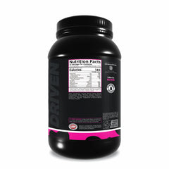 Driven WHEY nutrition facts graphic showcases 23g protein and BCAA info
