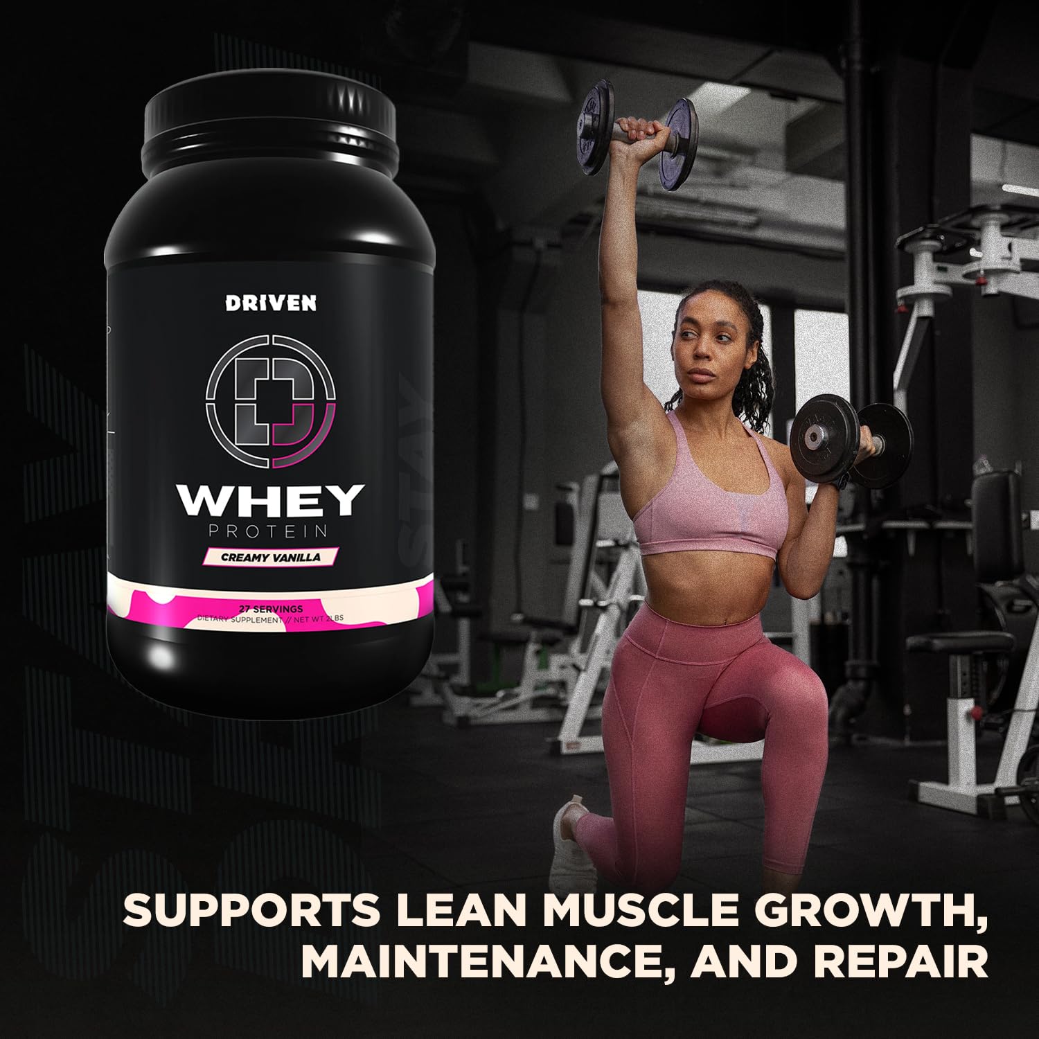 Driven WHEY post-workout shake pouring into glass communicates quick absorption