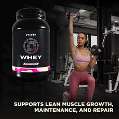 Driven WHEY post-workout shake pouring into glass communicates quick absorption