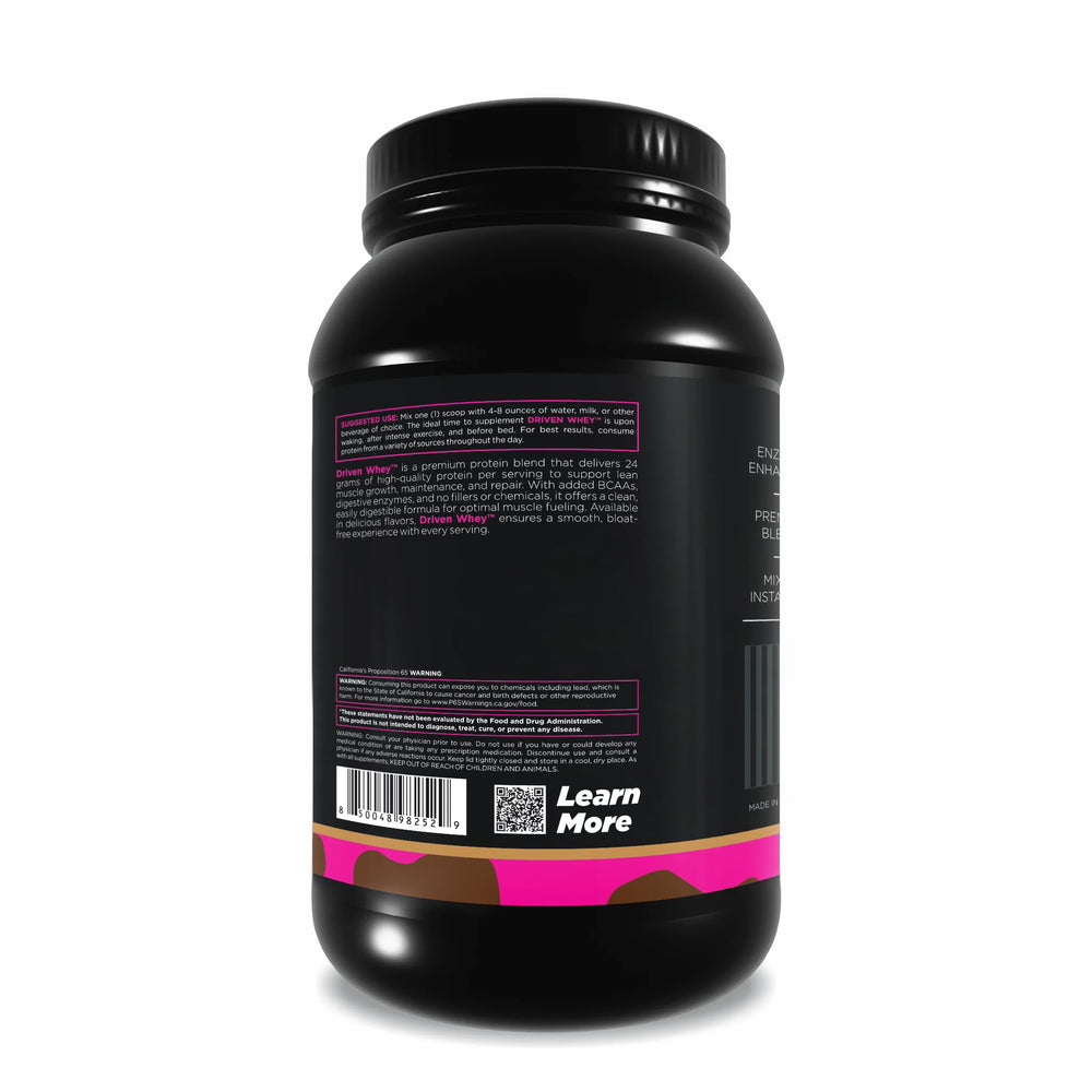 Driven WHEY serving cup showcases rich chocolate peanut butter flavor for meals.