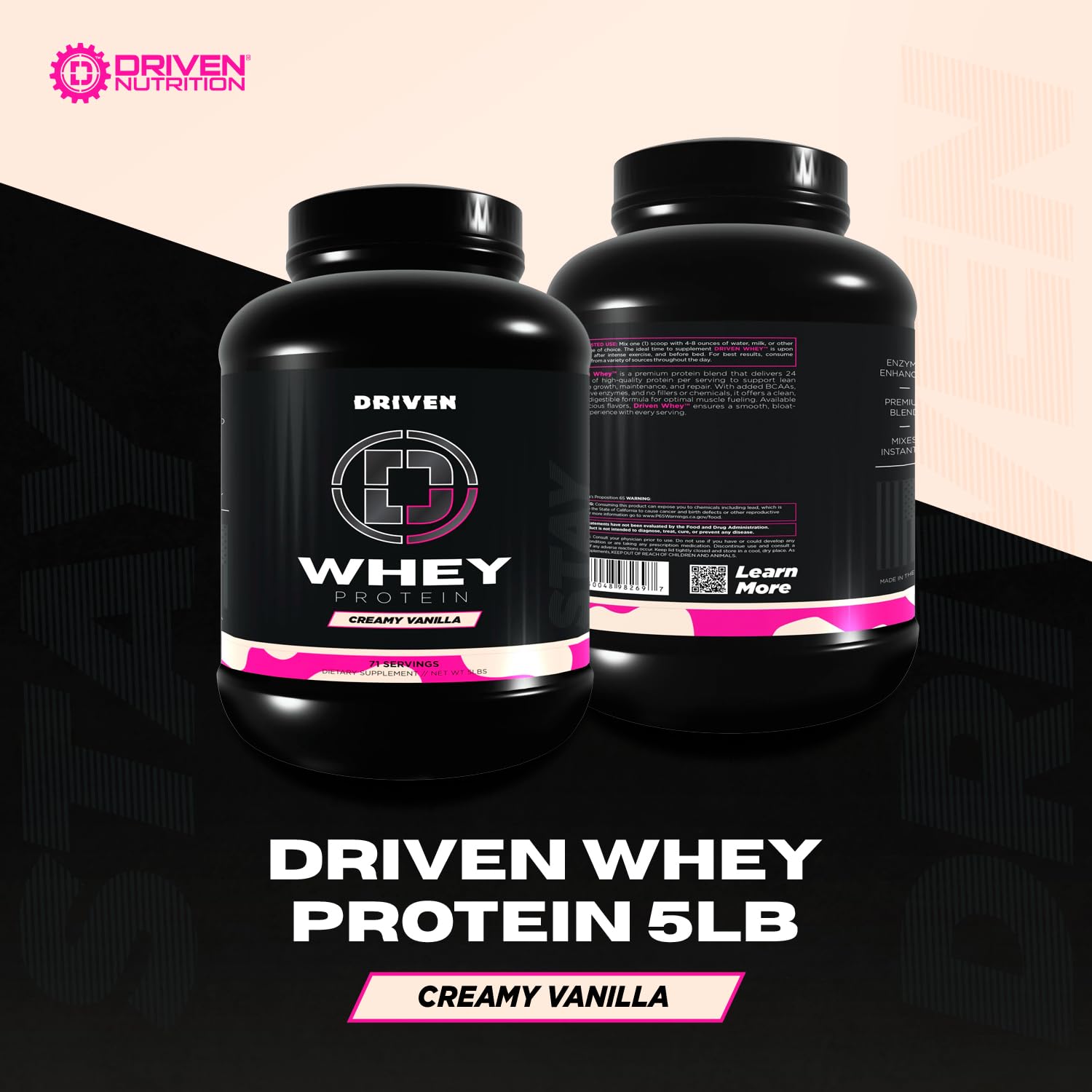 Driven Whey shake beside glass showing easy mixability