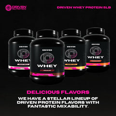 Driven WHEY tub on kitchen counter with scoop for daily protein