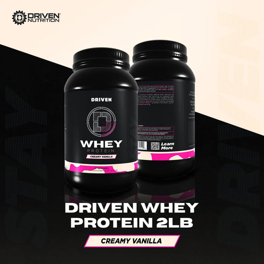 Driven WHEY vanilla flavor shake in glass illustrates tasty, easy post-workout fuel