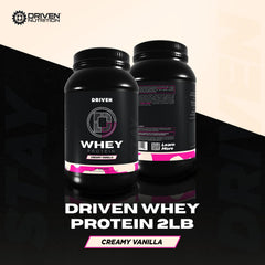 Driven WHEY vanilla flavor shake in glass illustrates tasty, easy post-workout fuel