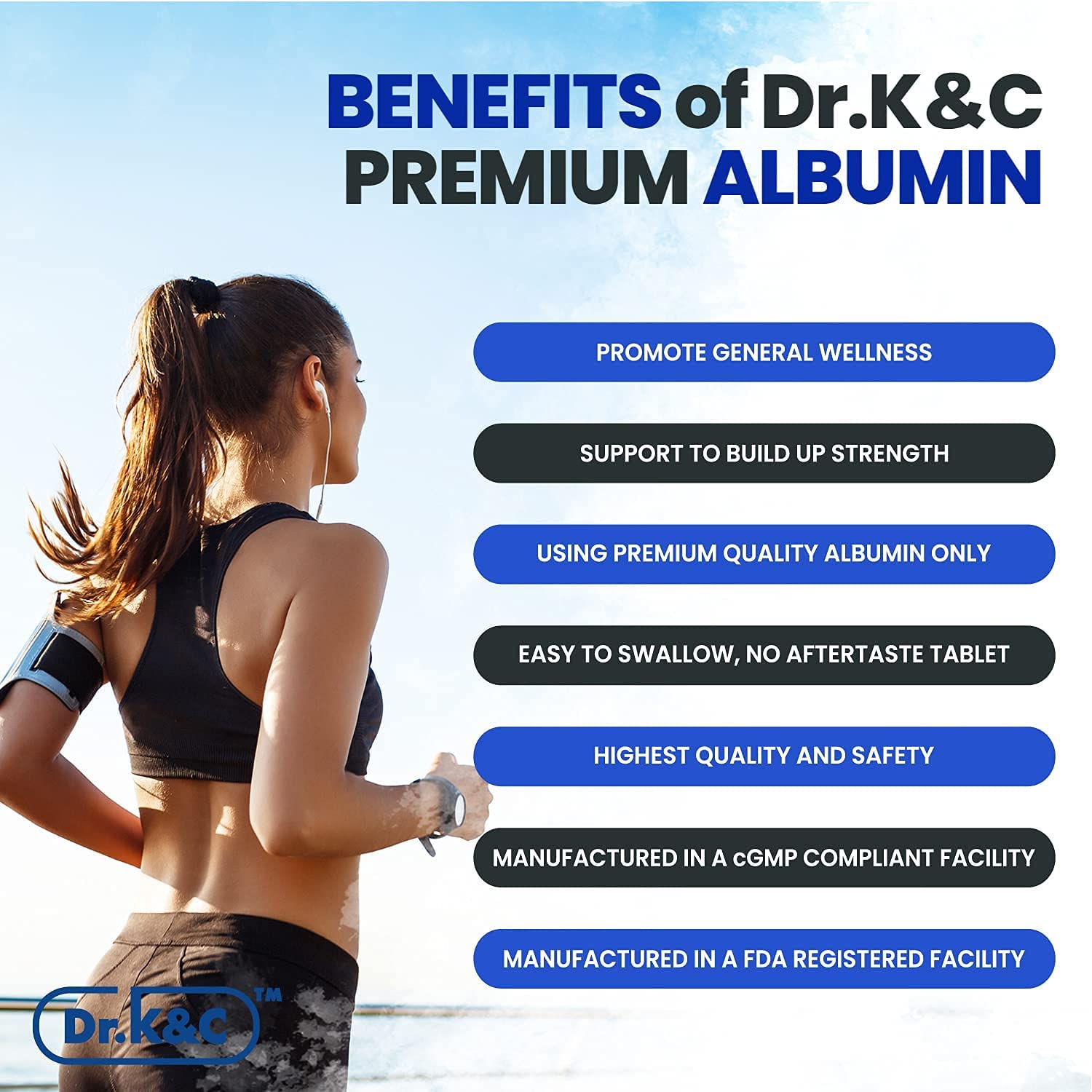 Dr.K&C Premium Albumin packaging emphasizing US-made quality and safety.