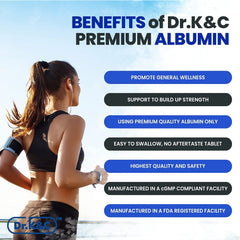 Dr.K&C Premium Albumin packaging emphasizing US-made quality and safety.