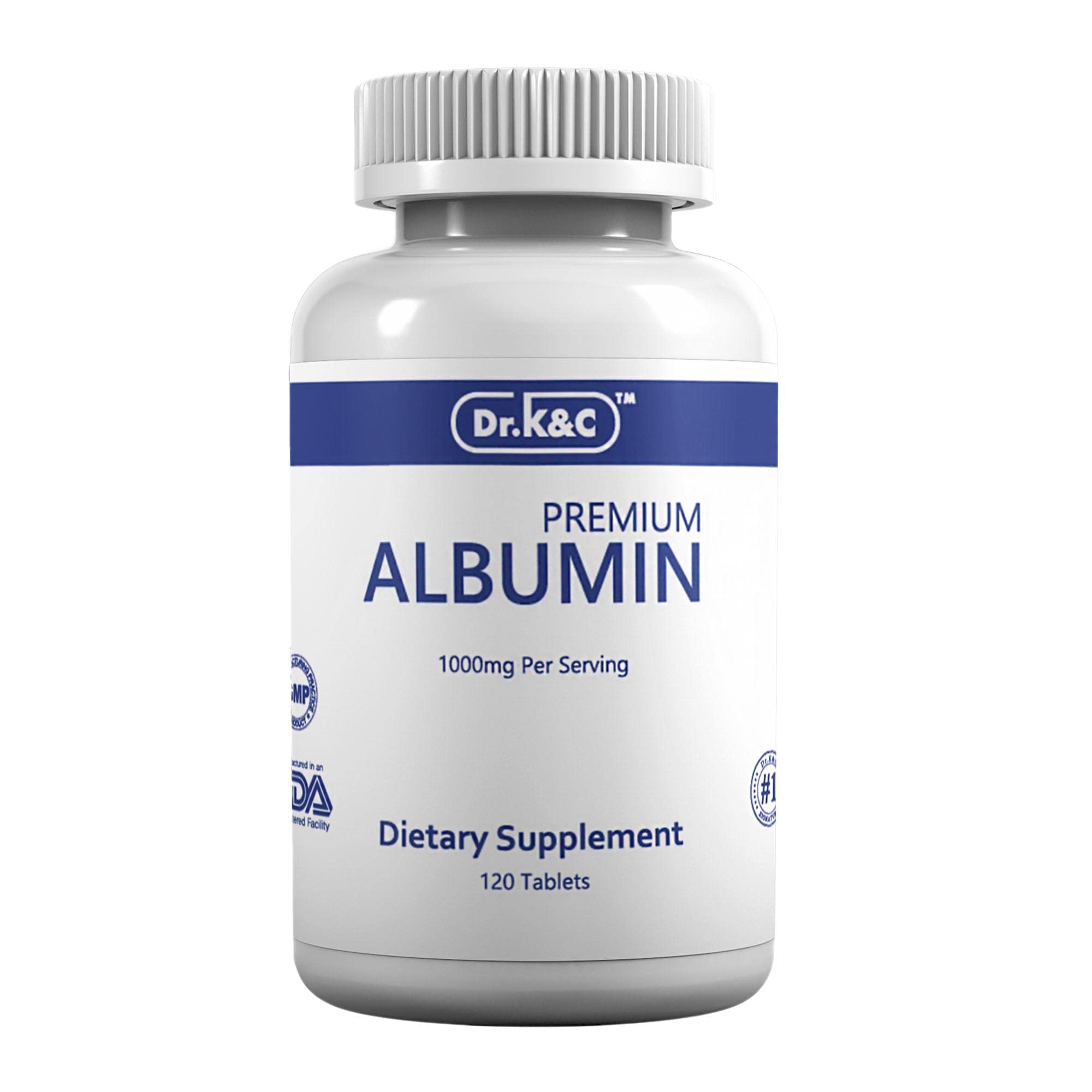 Dr.K&C Premium Albumin bottle label close-up showing 1000 mg per tablet for daily protein support.