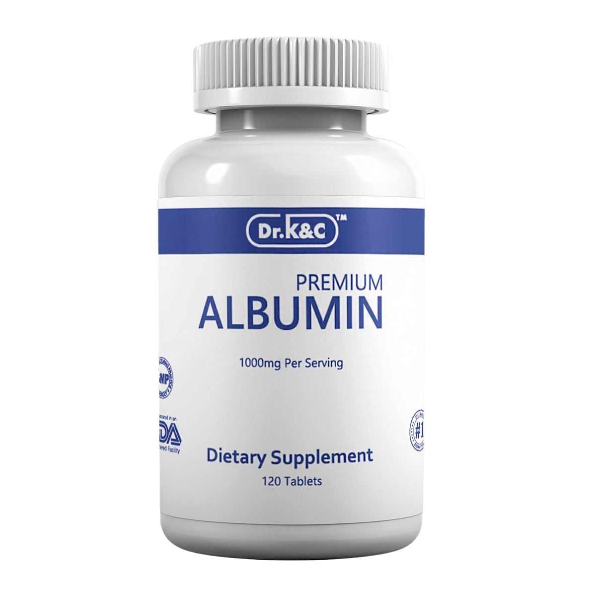 Dr.K&C Premium Albumin bottle label close-up showing 1000 mg per tablet for daily protein support.